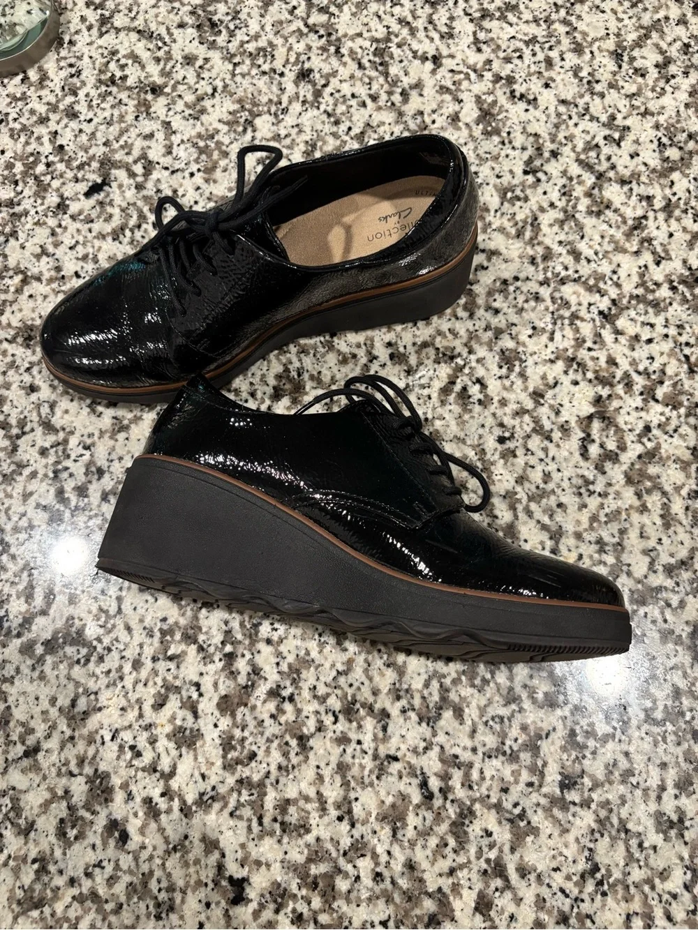 Clarks Black Patent Leather Lace-Up Flats